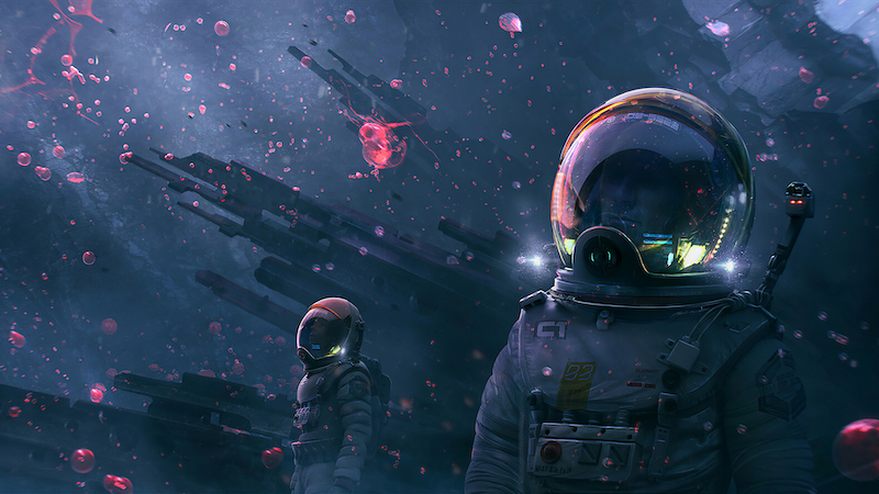 图片[1]-宇航员 宇宙 星际 航舰 红色水珠 4K 动漫壁纸 3840×2160-MAC星球