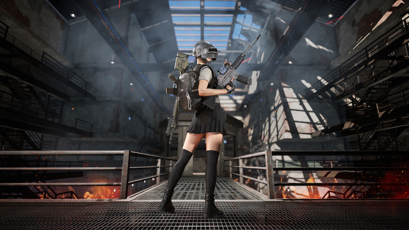 图片[1]-绝地求生PUBG 女孩 长枪 校服 火焰 5K 游戏壁纸 5120×2880-MAC星球