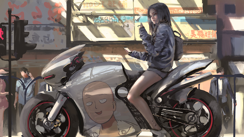 图片[1]-帅气女孩 摩托车 一拳超人 手机 听音乐 4k 动漫壁纸 3840×2160-MAC星球