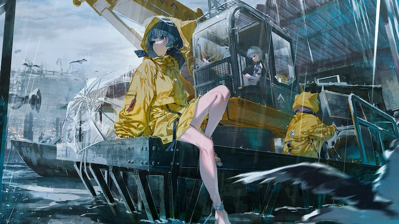 下雨 工地 黄色雨衣 女孩 挖掘机 4K 动漫壁纸 3840×2160-MAC星球