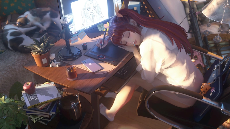 新世纪福音战士 房间  女孩 睡觉 猫 书桌 椅子 电脑 画板 手办 4K 动漫壁纸 3840×2160-MAC星球
